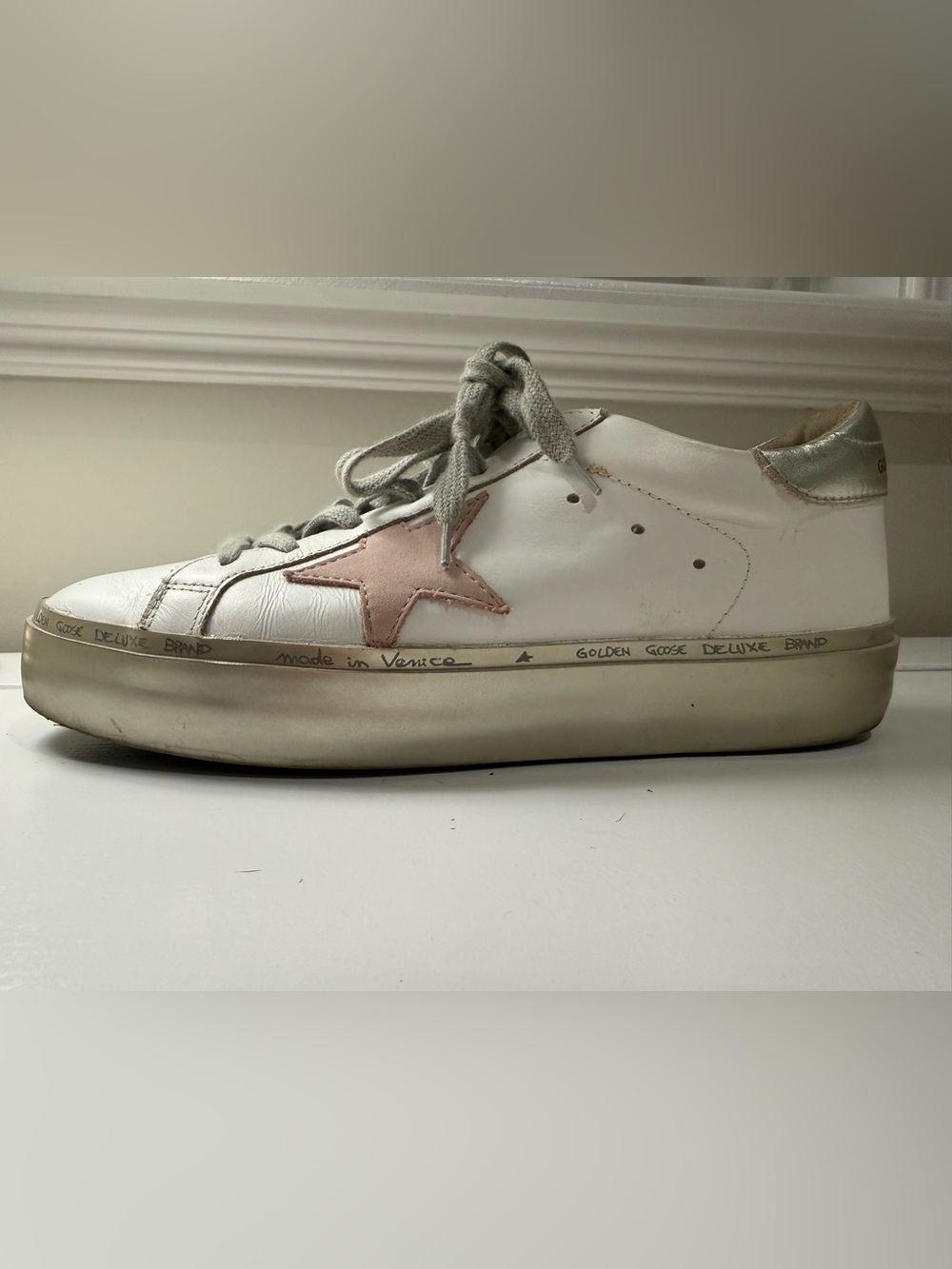 Golden Goose HI STAR White Leather Sneakers with Blush Star and Metallic Heel
